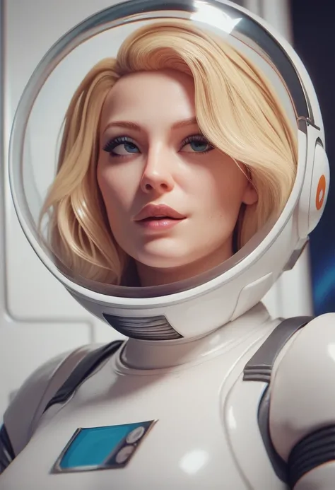 Blonde girl, Flourishing in Space ,  totally naked ,  clear astronaut costume 