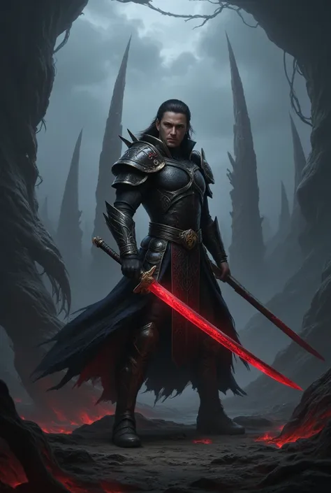 Elden ring Style, Man with beautiful dark armor and red katana that Has rune of death