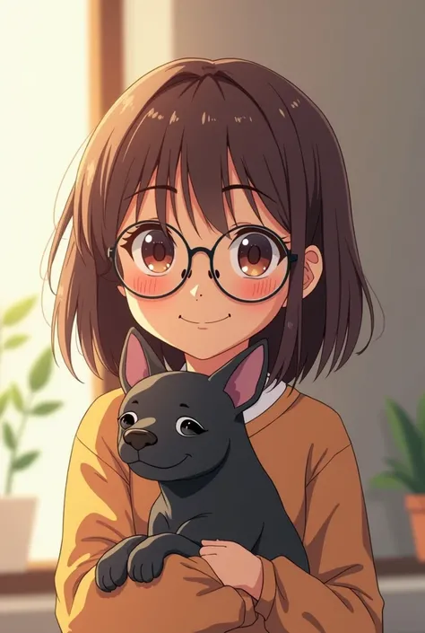 Girl with long black hair with glasses and with a medium dark Peruvian dog(with very little hair on her head ) (Anime version)