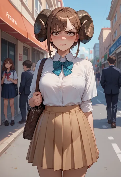 (1 girl), anime style, street background, brown hair, curved horns, embarrassed look, tsundere, schoolgirl clothing
