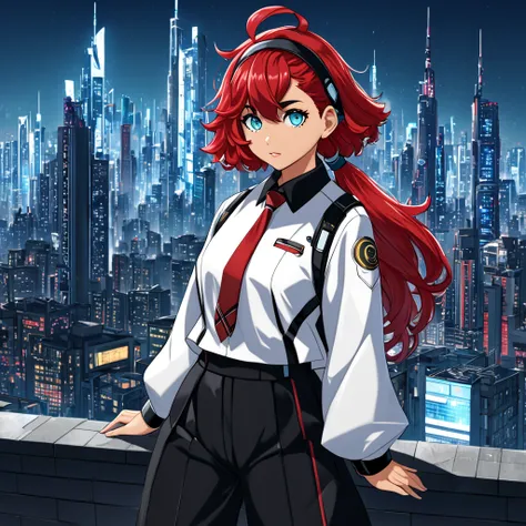 Top quality, full body, sulletamercury, sulleta mercury, ahoge, aqua eyes, black hairband, hair between eyes, hairband, long hair, low ponytail, red hair, swept bangs, thick eyebrows, BREAK asticassia school uniform, jacket, long sleeves, school uniform, w...