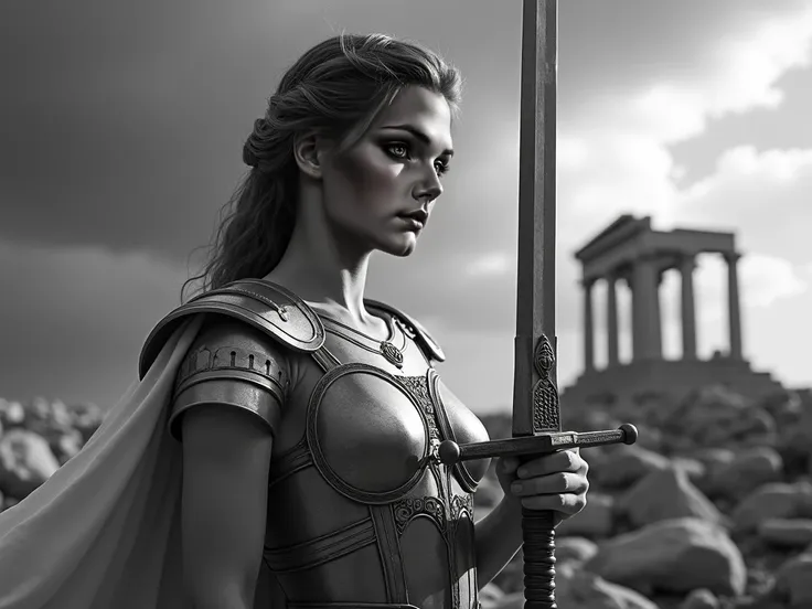  A black and white scene in the 4 :3,  with Athena standing half body ,  holding her sword with the blade pointed down ,  while her face expresses a serene sadness .  Athenas face is illuminated by a soft light , predominating shades of white ,  that highl...