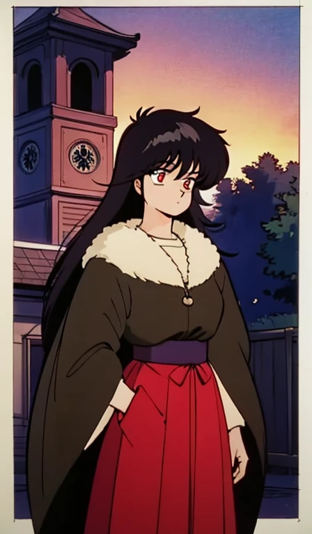  dont stab style, masterpiece,  top quality ,  ultra detail showing the cathedral,  illustrations,  One girl , Long black hair, Bright Red Eyes,  wolf ear,  black cloaks, Fluffy collar, sunset