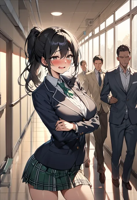 top quality, masterpiece,  high res, 8k, 解剖学的に正しいpeople体, (((女の子1peopleと男の子１people))), (An empty classroom),  expressive dark brown eyes, mature woman, ((( ponytail))), ((( black hair))),  Big Breasts High School Girl, Bad male high school student hugging ...