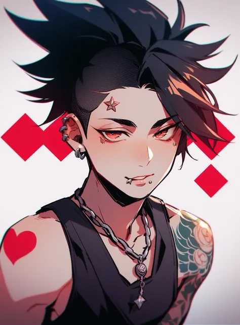 The man has pale white skin and messy black hair that falls unevenly around his face. A small star tattoo near his eye and a silver lip piercing highlight his rebellious aura. He wears a tight black tank top with a bold red heart design, exposing his tatto...