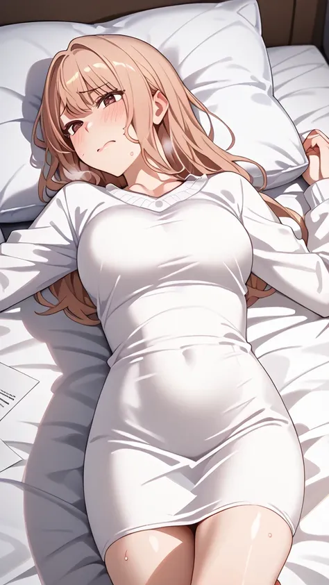   top view of auditorium with pillows   ,  white sweater dress 、   pink silk bed sheets   、Dim lighting、   and her daughter   、saggy breasts、 big cleavage、、 、ボディピローに lies down , Afraid, housework,    Great look  , Dark night room background,I have a pillow...