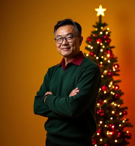  Handsome Asian Man 55 Years Old  ,  Dark Brown under cut Short Hair Glossy Short Cut ,  short curly hair ,  closed lips, Strong Slightly Muscular  , Soft Tone , very Dark brown skin ,  Ultra-High Definition Facial Details ,  wore eyeglasses , dark red shi...