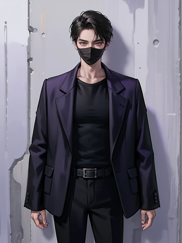 1 boy,black hair,wear mask,wear a black shirt with collar,purple jacket,long sleeve,belt,black pants,standing in front of wall 