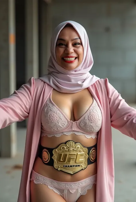 (UFC CHAMPION BELT), Nerd Long Hijab, (Spread Your Arms), Shiny Breasts, ((Hijab:1.14)), ((beautiful perfect teeth:3.33)), "Plumpers", ("Hijab Floral pattern"), Chubby Wearing Pastel Bra & ((transparent soft high panties lace)), "Facial expression in Happy...