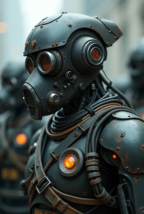 there are many people in helmets and helmets with gas masks, dieselpunk cyborgs, nekro xiii, symmetrical dieselpunk warrior, nekro iii, nekro borja, machine noir dieselpunk grimcore, movie still of aztec cyborg, nekro, highly detailed cgsociety, robot cybo...