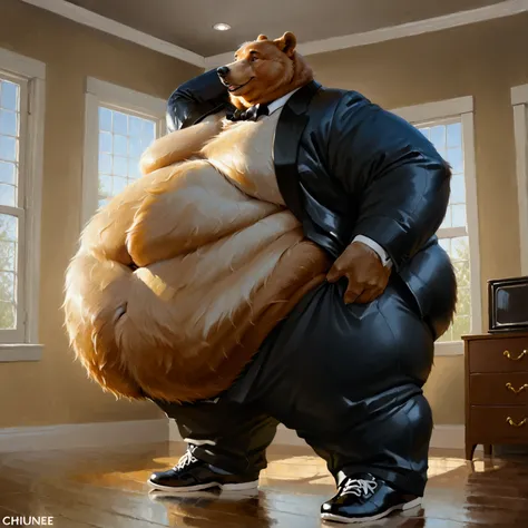 Single one-headed Very Extremely Morbidly-Obese Bear standing on two legs with unbelievably Very very very Extremely Massive Overhang white Belly, wears shoes, wears Full tuxedo Suit, massive belly, morning stretch, realistic proportions, wears full black ...