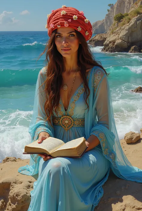 Une femme arabe dune beauté exceptionnelle. Elle porte un turban fleuri rouge sur la tête et ses longs cheveux roux bouclés couvrent ses épaules. Elle porte une robe transparente bleu aqua ornée de fleurs et de dentelle, et est assise sur un rocher près de...