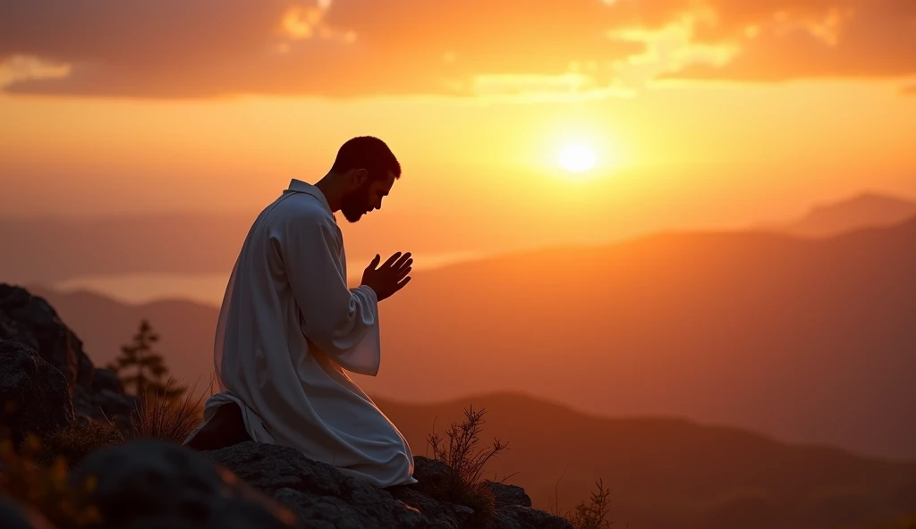 "A silhouette of a person kneeling in prayer on a mountaintop during sunrise, surrounded by a vast and peaceful landscape. The sky is filled with warm hues of orange, pink, and gold, symbolizing the divine presence and hope. The figure is dressed in simple...