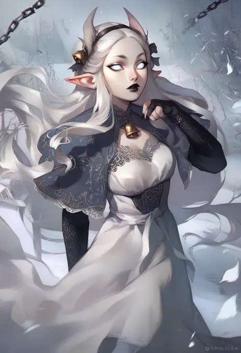 masterpiece, elf woman, solo,young, pale, (very long hair), very straight hair, white hair, black lipstick, white eyes, (white velvet lace dress), black eyebrows, in a snow dead cemetery garden, cute, closeup, expressionless, (long horns), evil, dynamic po...