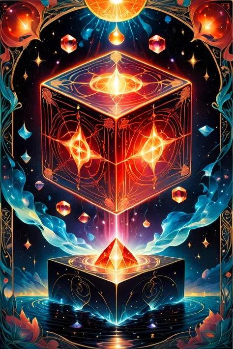 (((Patterned exquisite Tarot Card ))), (red magical glowing crystalline flickering cube on all sides, the edges depict an eight turned upside down "8")