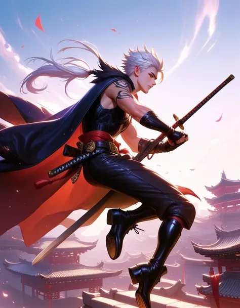 (masterpiece), (best quality), masterwork, semi-realistic, 1boy, solo, white hair, wild hair, long hair, sword, jumping in the air, east asian city, official art, dau-al-set, red tattoo, masterpiece, best quality, absurdres, hyper-detailed, raytracing, mas...