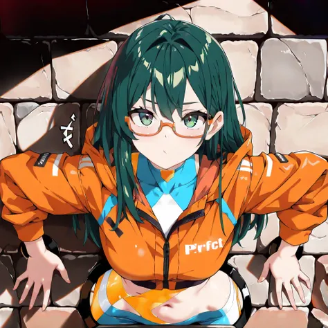 1girl, solo,((long-deepgreen-hair,green-eyes,orange-hooded-jacket,under-rim-eyewear)),
through wall, stone wall, upper body, navel
,(irritability,masterpiece,best quality,very aesthetic,absurdres,detailed background,newest, perfect anatomy:1.2),