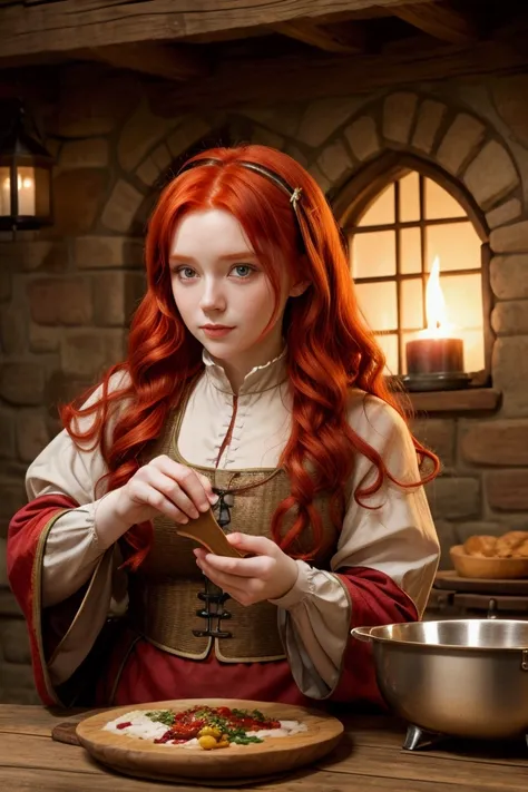 A beautiful red-haired girl wearing medieval cook clothes.