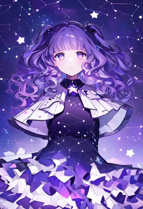 Female + purple hair + purple eyes + star eyes + adult + solo + white, black, and purple dress + constellation background