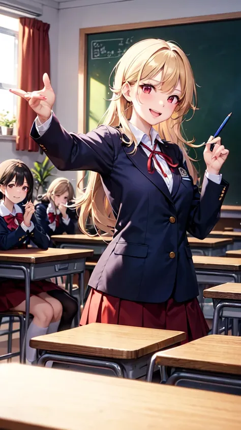 “A group of teenage students in a classroom gathered around a cheerful girl holding a glittery pen. The girl is explaining something enthusiastically, while her classmates look impressed and curious. The classroom background includes desks, chairs, and a b...