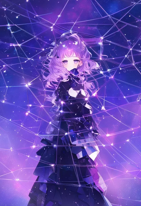 Female + purple hair + purple eyes + star eyes + adult + solo + white, black, and purple dress + constellation background