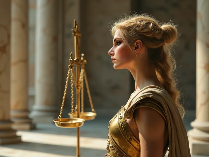  A cinematic image of Athena in half a body ,  standing before a giant scale ,  symbolizing the weight of human choices .  Her golden blond hair is tied in a loose bun ,  with delicate locks shining softly in diffused light .  Her expression is one of deep...