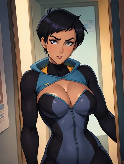 straight-on,pose,looking at viewer,solo, BREAK,
CARTOON_rogue_costume_ownwaifu, www.ownwaifu.com,
Lois Lane, black hair, bobcut hairstyle short hair, makeup, lipstick, hair between eyes, breasts, grey eyes, publack lips,  eyeshadow, nose, medium breasts, s...