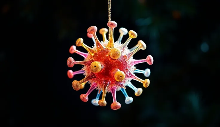 Christmas tree toy in the form of a monstre coronavirus molecule, the colors are very bright and unusual, a masterpiece of art, a toy made of translucent glass with sequins, made of glass, suspended on a thin shiny string, black background