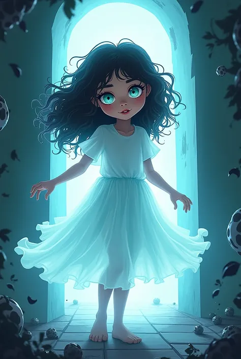 A ghost girl with no mouth and curly hair in cartoon comic style