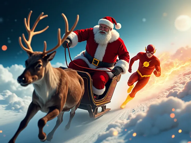 Santa Claus riding a reindeer sleigh racing at super speed with The Flash, very serious face, earth background, detailed image with depth and realism 4k