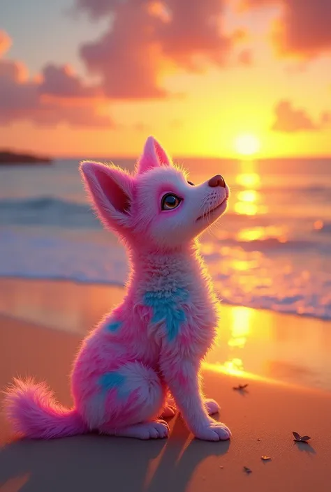  Make an image of a vilarata dog for me, Like candy ,  watching the sunset on a beach in Itanhaém /SP