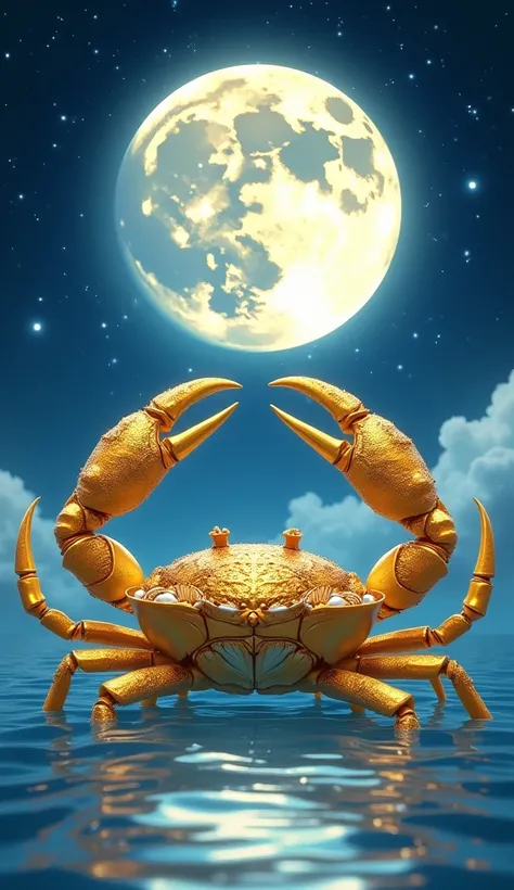  Prompt to generate an image of the Cancer sign :

 A mystical illustration depicting the sign of Cancer ,  with a majestic golden crab in a heavenly setting .  The crab has ornate details in its claws and shell ,  with traces of pearls and shimmering shel...