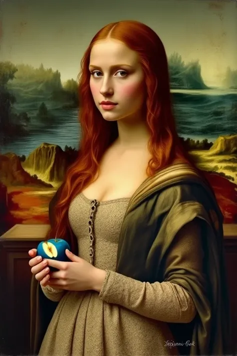 A portrait in the style of the Mona Lisa, featuring a 20-year-old woman with long red hair visible in a side profile. She is wearing a lace dress with a deep neckline, reflecting a vintage and historical aesthetic. The dress includes high slits that are su...