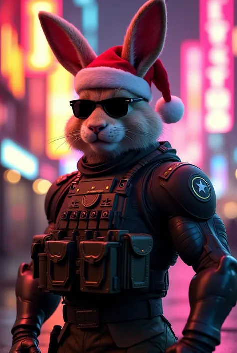 strong ukraine soldier bunny man, santa hat, name DOFI, gold black pink, neon lights, Лучшее качество, Самодовольное лицо, Решимость, темные очки, 