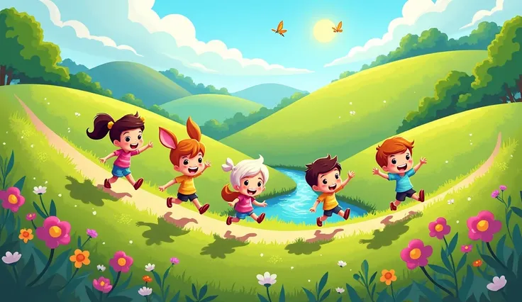 Run through the grass, jump over the stream,
Climb up the hill, let’s chase our dream!
s cartoon 