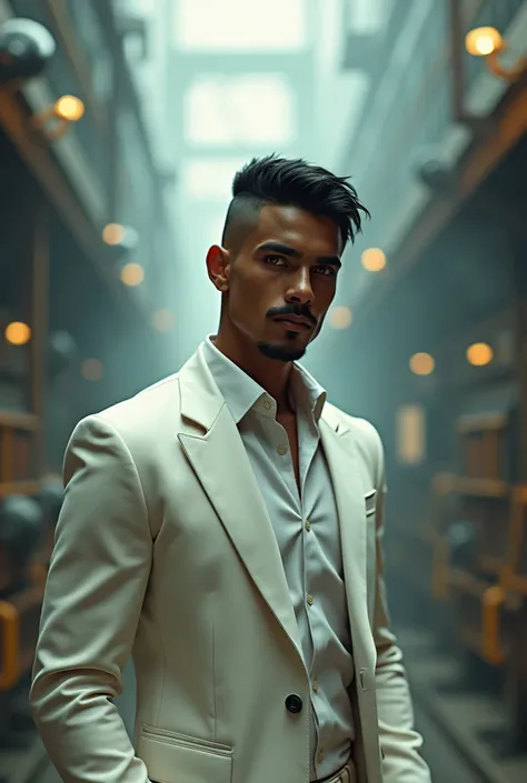  black hair, ojos amarillos, Arabian skin , [ young man, white suit,  cyberpunk factory ,  undercut haircut, businessman, thick moustache , African, animated, magic