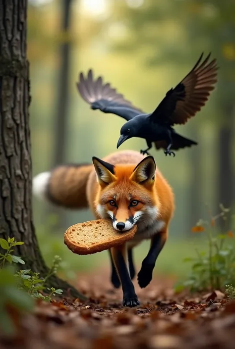 A playful wide-angle shot of the forest, with the fox dashing away through the trees, the bread held firmly in its mouth, its mane and tail flowing dramatically. The crow flaps its wings in frustration from its perch