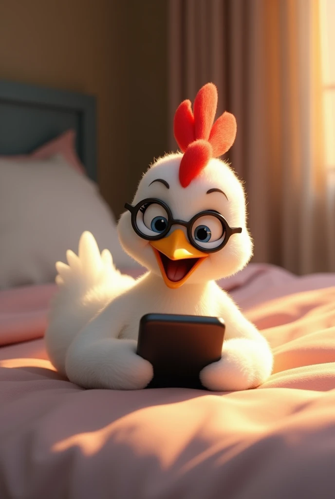 A white chick lying on the bed looking at a cell phone, with glasses, beak open, happy, red crest, Pixar