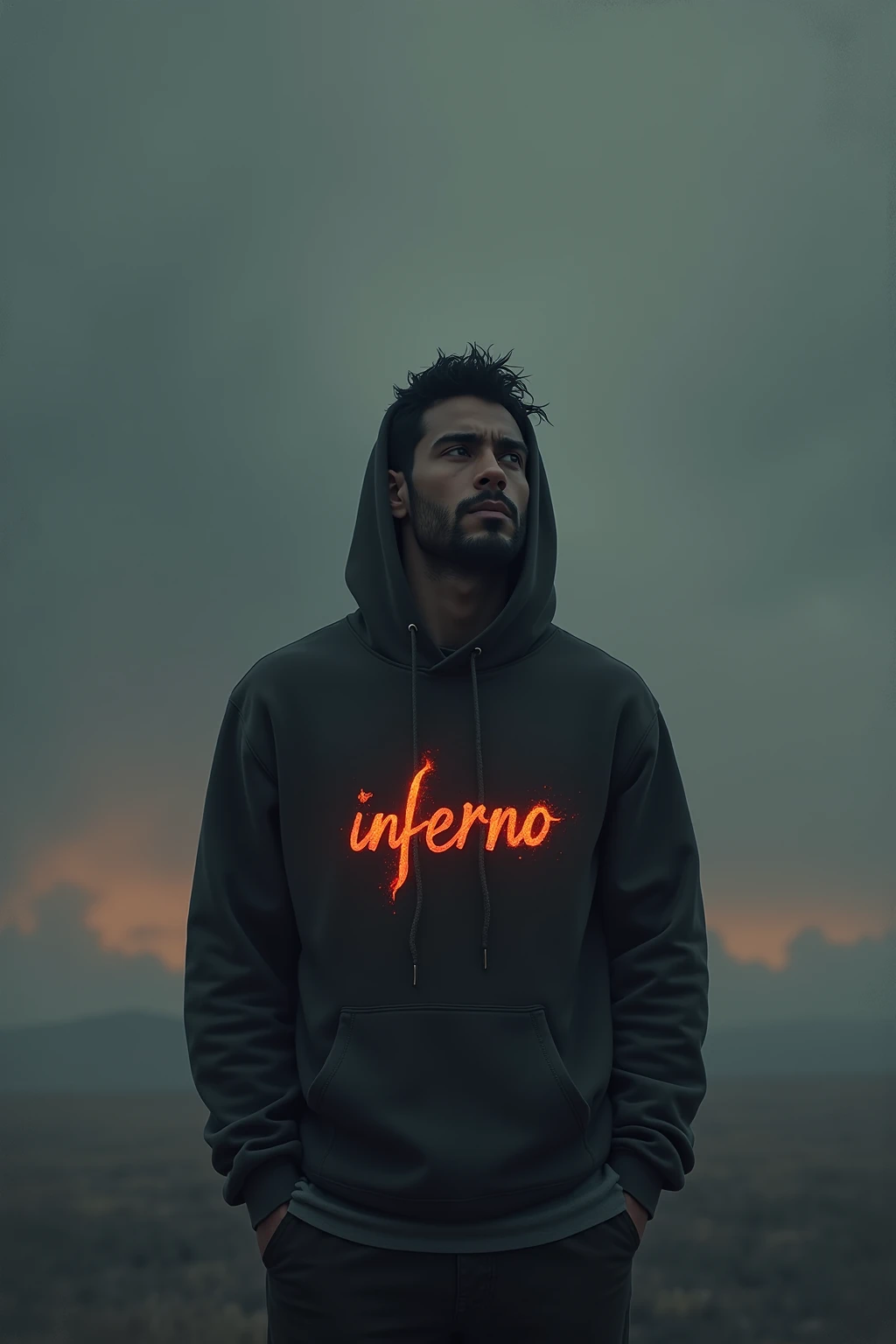 a man staring into the void reflecting with inferno written on his hoodie 