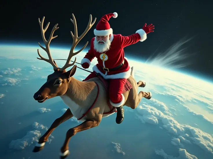 Image of Santa Claus wearing The Flash suit riding a reindeer flying at super fast speed, earth background, detailed and realistic 4k image
