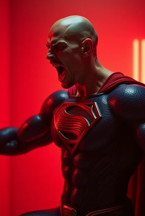 bald head tan sweat oiled skin sweat masculine bodybuilder body angry face expression Henry Cavil in Superman with steel around his arms and steel around his head spread his arms and legs scream and is electric therapy in cell in front of the army in red n...