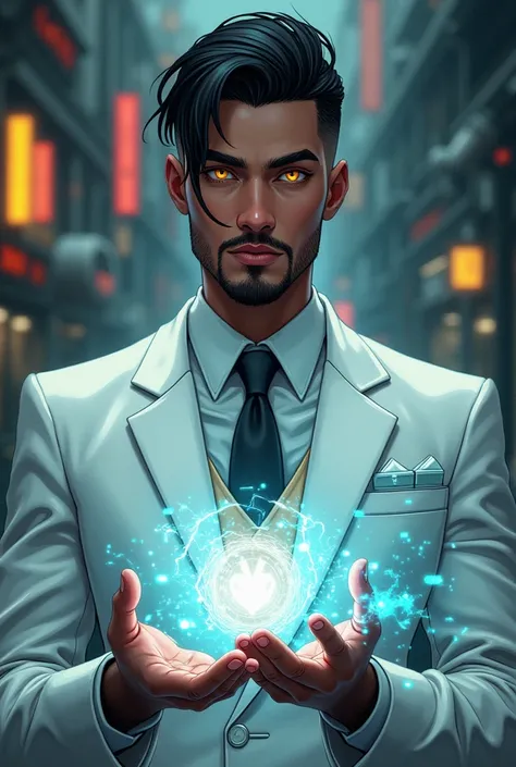  black hair, ojos amarillos, Arabian skin , [ young man, white suit,  cyberpunk factory ,  undercut haircut, businessman, thick moustache , African, Anime style, magic, portrait