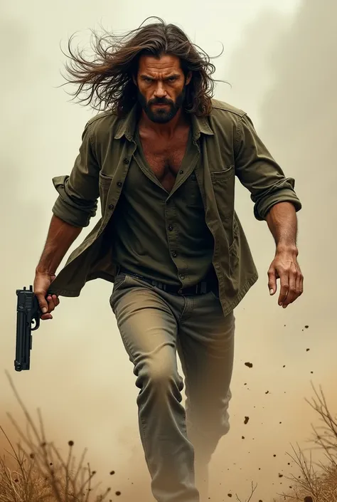 The man holding a pistol is walking with long hair