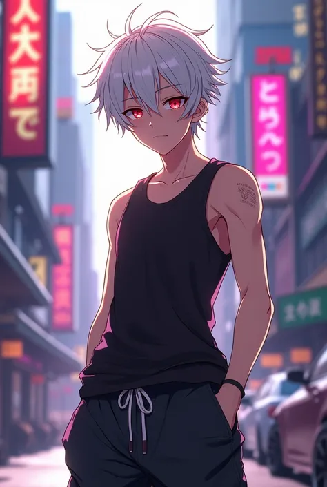 Short messy boy band member white hair, red eyes, close-up photo, photorealistic, wearing tank top and Jogger pants, solid colors, futuristic city, dynamic camera angle, full body beautiful anime style, clean detailed faces, intricate clothes, analogous co...