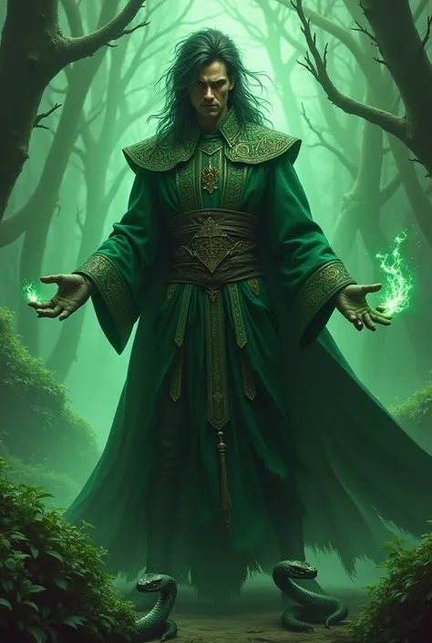  I want to create a male character ,  is magic magician ,  with a wild appearance but no less cunning,  the dominant color is green ,  has pets are snakes ,  magic is healing , coded  