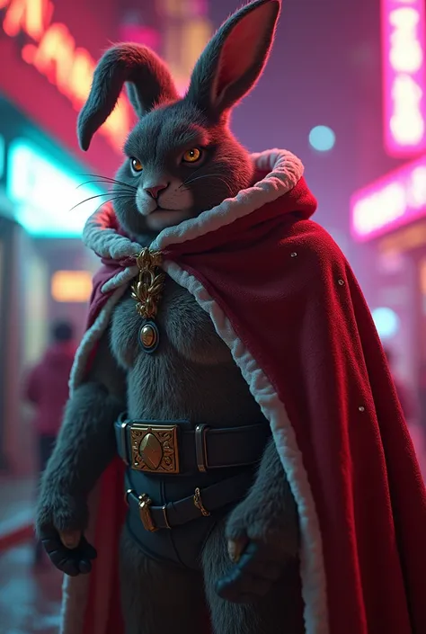 strong bunny man, santa hat, name DOFI, gold black pink, neon lights, santa hood, Лучшее качество, Самодовольное лицо, Ракурс, Апокалипсис, 