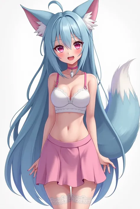   A fair-skinned girl  , long light blue hair  , Pink cat eyes ,   with cat fangs  ,   light blue fox ears  ,  light blue fox tail  ,   a white bralette with pink straps that go towards the neck, a pink mini skirt , pink nails,  long transparent stockings ...