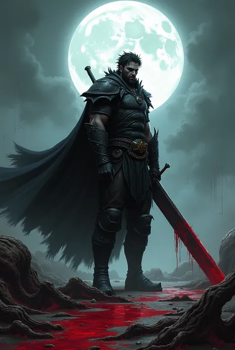 Guts of Berserk holds his giant bloody sword. Il est sur des ossements de bêtes inconnues. La lune eclaire des ruisseaux de sang