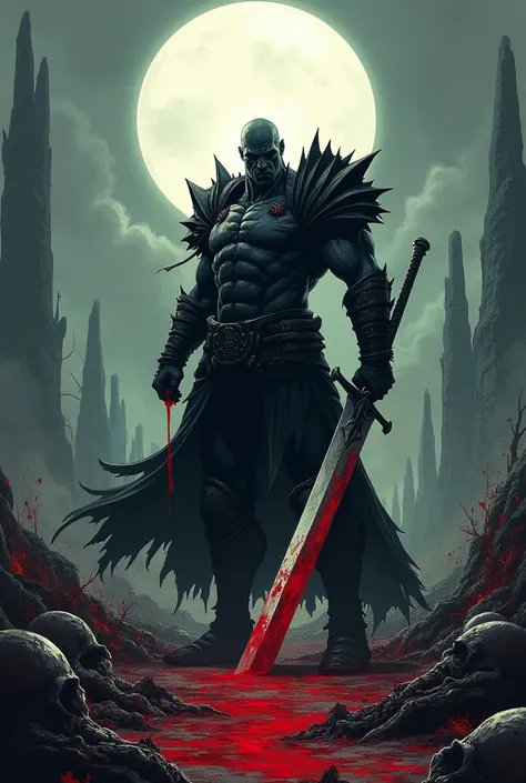 Guts of Berserk holds his giant bloody sword. Il est sur des ossements de bêtes inconnues. La lune eclaire des ruisseaux de sang