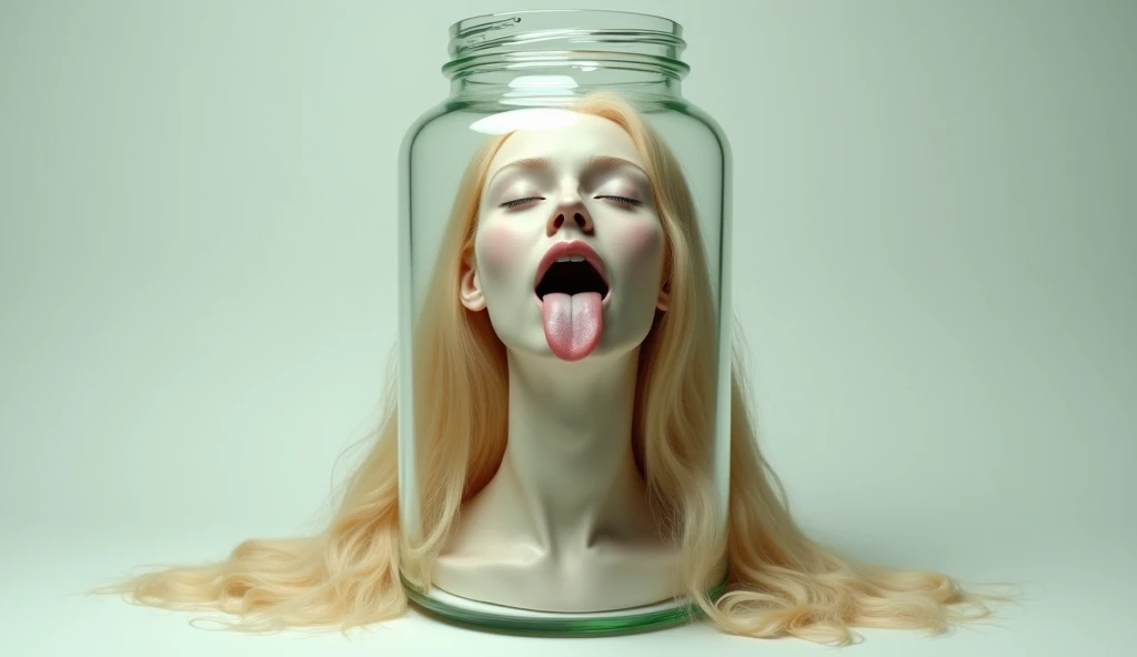 blonde woman head tong out in a glass jar